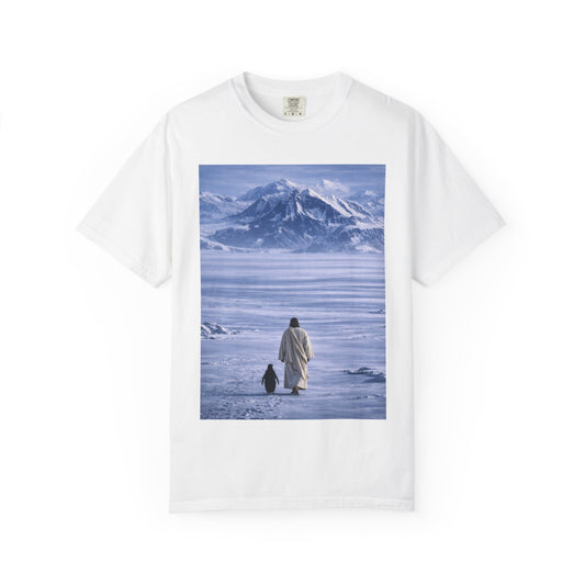 T-Shirt — Solitary Walk: Figure and Penguin in Snowy Mountain Landscape